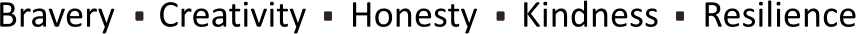 Bravery     Creativity     Honesty     Kindness     Resilience